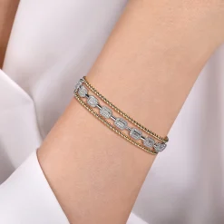 Clearance Gabriel & Co. 14K White and Yellow Gold #6.25 Baguettes Shape Bujukan Bangle With 3 Rolls