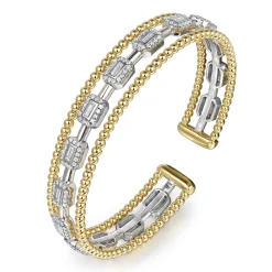 Clearance Gabriel & Co. 14K White and Yellow Gold #6.25 Baguettes Shape Bujukan Bangle With 3 Rolls