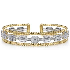 Clearance Gabriel & Co. 14K White and Yellow Gold #6.25 Baguettes Shape Bujukan Bangle With 3 Rolls