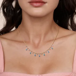 Clearance Gabriel & Co. 14K White and Yellow Gold Bead Chain Diamond and Blue Topaz Droplet Necklace