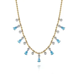 Clearance Gabriel & Co. 14K White and Yellow Gold Bead Chain Diamond and Blue Topaz Droplet Necklace