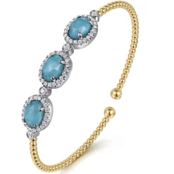 Best Gabriel & Co. 14K White and Yellow Gold Bujukan Diamond and Rock Crystal and Turquoise Bangle