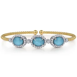 Best Gabriel & Co. 14K White and Yellow Gold Bujukan Diamond and Rock Crystal and Turquoise Bangle
