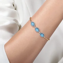 Best Gabriel & Co. 14K White and Yellow Gold Bujukan Diamond and Rock Crystal and Turquoise Bangle