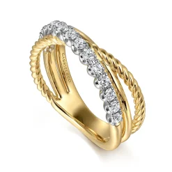 Best Gabriel & Co. 14K White and Yellow Gold Diamond And Rope Criss Cross Ladies Ring