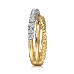 Best Gabriel & Co. 14K White and Yellow Gold Diamond And Rope Criss Cross Ladies Ring