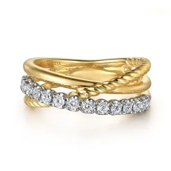 Best Gabriel & Co. 14K White and Yellow Gold Diamond And Rope Criss Cross Ladies Ring