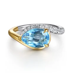 Clearance Gabriel & Co. 14K White and Yellow Gold Diamond and Pear Blue Topaz Bypass Ladies Ring