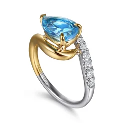 Clearance Gabriel & Co. 14K White and Yellow Gold Diamond and Pear Blue Topaz Bypass Ladies Ring