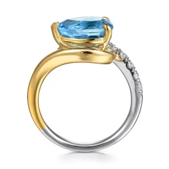 Clearance Gabriel & Co. 14K White and Yellow Gold Diamond and Pear Blue Topaz Bypass Ladies Ring