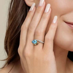 Clearance Gabriel & Co. 14K White and Yellow Gold Diamond and Pear Blue Topaz Bypass Ladies Ring