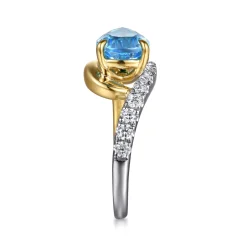 Clearance Gabriel & Co. 14K White and Yellow Gold Diamond and Pear Blue Topaz Bypass Ladies Ring