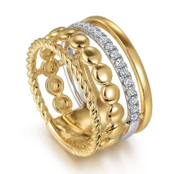 Clearance Gabriel & Co. 14K White and Yellow Gold Diamond Rope Easy Stackable Ladies Ring
