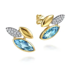 Hot Gabriel & Co. 14K White and Yellow Gold Diamond and Marquise Blue Topaz Stud Earrings