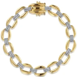 Best Gabriel & Co. 14K White and Yellow Gold Flat Link Chain Bracelet with Diamond Pave Connectors
