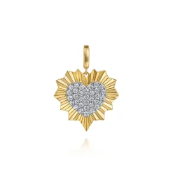 Clearance Gabriel & Co. 14K White and Yellow Gold 24mm Diamond Pave and Diamond Cut Finish Heart Medallion Pendant With Detachable Bail