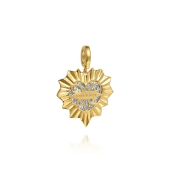 Clearance Gabriel & Co. 14K White and Yellow Gold 24mm Diamond Pave and Diamond Cut Finish Heart Medallion Pendant With Detachable Bail