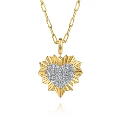 Clearance Gabriel & Co. 14K White and Yellow Gold 24mm Diamond Pave and Diamond Cut Finish Heart Medallion Pendant With Detachable Bail