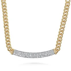 Clearance Gabriel & Co. 14K White and Yellow Gold 6mm Solid Cuban Link Chain Necklace with Pave Diamond Bar