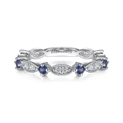 Sale Gabriel & Co. 14K White Gold Alternating Diamond Cluster Marquis and Sapphire Stackable Ring