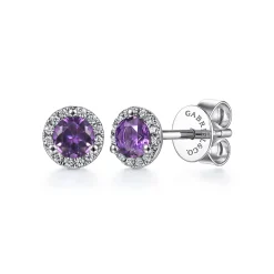 Hot Gabriel & Co. 14K White Gold Amethyst and Diamond Halo Stud Earrings