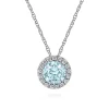 Sale Gabriel & Co. 14K White Gold Aquamarine and Diamond Halo Pendant Necklace