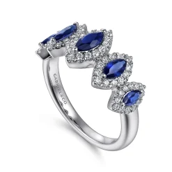 Best Gabriel & Co. 14K White Gold Blue Sapphire and Diamond Halo Marquise Ladies Ring