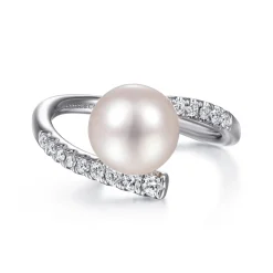 Best Gabriel & Co. 14K White Gold Bypass Pearl and Diamond Ring