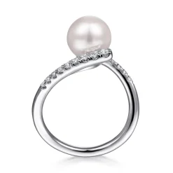 Best Gabriel & Co. 14K White Gold Bypass Pearl and Diamond Ring