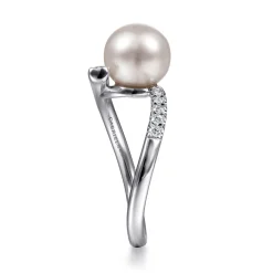 Best Gabriel & Co. 14K White Gold Bypass Pearl and Diamond Ring