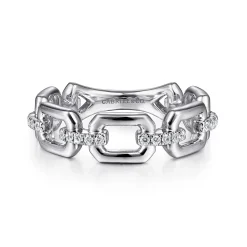 New Gabriel & Co. 14K White Gold Chain Link Ring Band with Diamond Connectors