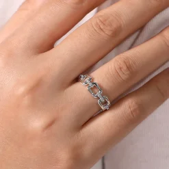 New Gabriel & Co. 14K White Gold Chain Link Ring Band with Diamond Connectors