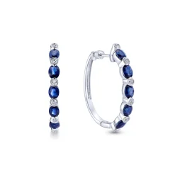 Clearance Gabriel & Co. 14K White Gold Channel Set 25mm Round Classic Diamond Oval Sapphire Hoop Earrings