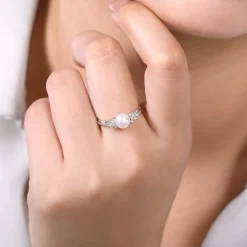 Outlet Gabriel & Co. 14K White Gold Classic Cultured Pearl Diamond Accented Stackable Ring