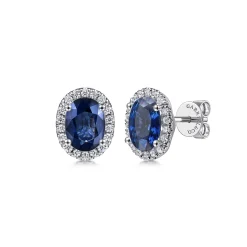 Online Gabriel & Co. 14K White Gold Classic Diamond Halo Oval Sapphire Stud Earrings