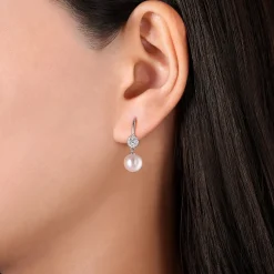 Clearance Gabriel & Co. 14K White Gold Cluster Diamond Disc and Pearl Drop Earrings