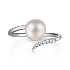 New Gabriel & Co. 14K White Gold Cultured Pearl and Diamond Open Wrap Ring