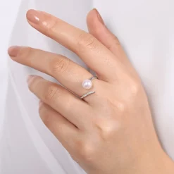 New Gabriel & Co. 14K White Gold Cultured Pearl and Diamond Open Wrap Ring