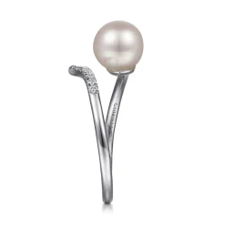 New Gabriel & Co. 14K White Gold Cultured Pearl and Diamond Open Wrap Ring