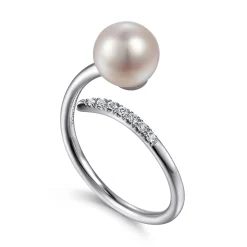 New Gabriel & Co. 14K White Gold Cultured Pearl and Diamond Open Wrap Ring