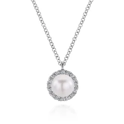 Sale Gabriel & Co. 14K White Gold Cultured Pearl and Diamond Halo Pendant Necklace
