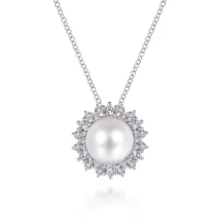 Sale Gabriel & Co. 14K White Gold Cultured Pearl Diamond Halo Pendant Necklace