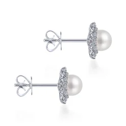Gabriel & Co. 14K White Gold Cultured Pearl Scalloped Diamond Halo Stud Earrings