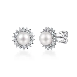 Gabriel & Co. 14K White Gold Cultured Pearl Scalloped Diamond Halo Stud Earrings
