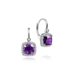 Sale Gabriel & Co. 14K White Gold Cushion Cut Amethyst and Diamond Halo Drop Earrings