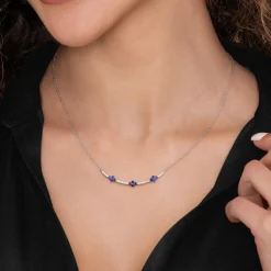 Clearance Gabriel & Co. 14K White Gold Diamond and Blue Sapphire Clover Bar Necklace