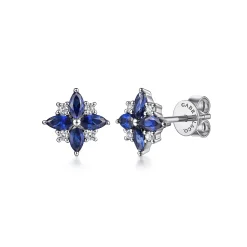 New Gabriel & Co. 14K White Gold Diamond and Blue Sapphire Bursting Star Studs
