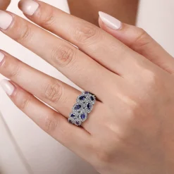 New Gabriel & Co. 14K White Gold Diamond and Marquise Blue Sapphire Wide Band Ring