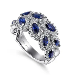 New Gabriel & Co. 14K White Gold Diamond and Marquise Blue Sapphire Wide Band Ring