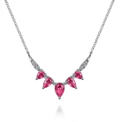Gabriel & Co. 14K White Gold Diamond and Pear Ruby Chevron Bar Necklace
